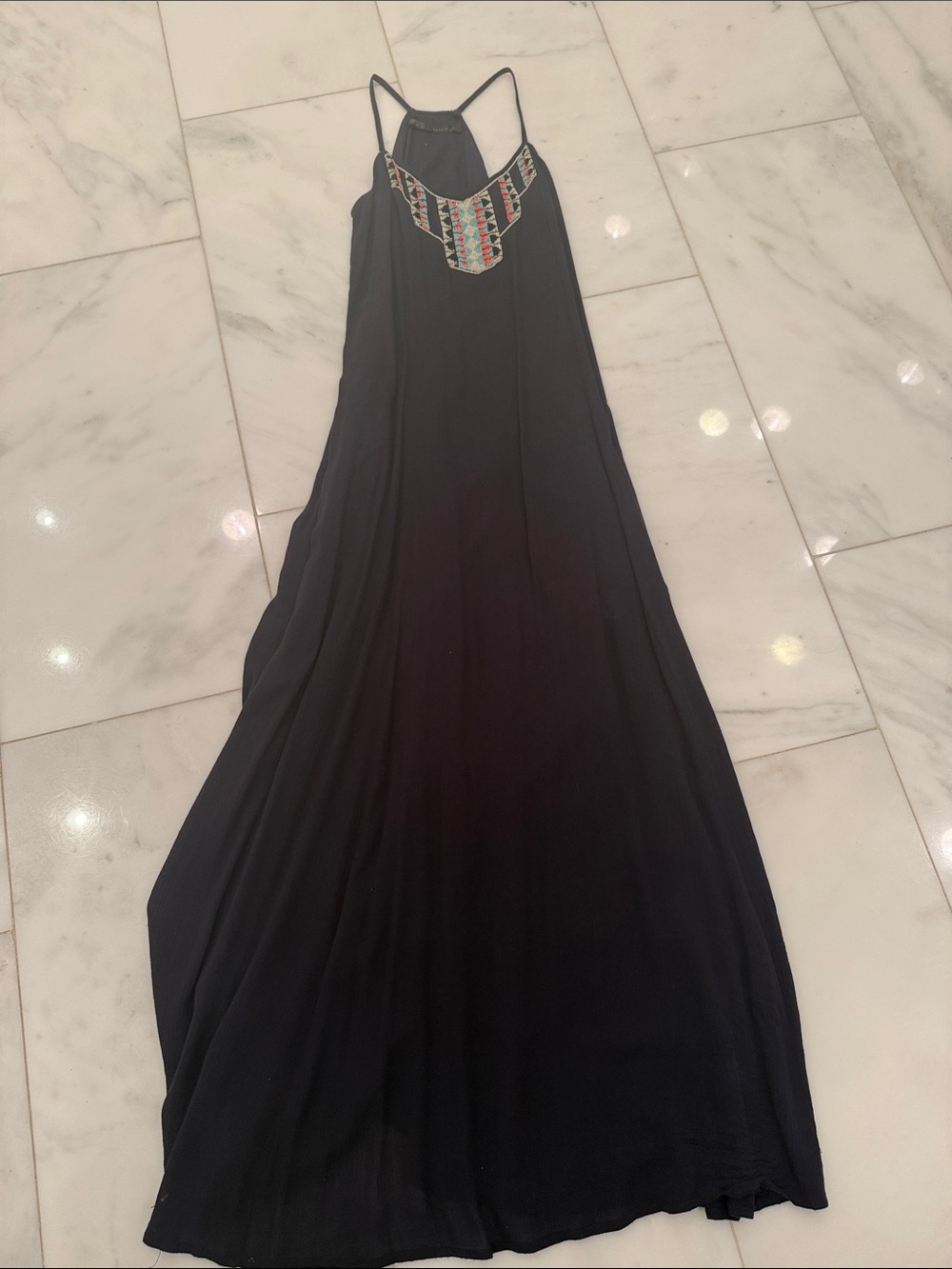 Zara Navy Beaded Halter Gauze Maxi Dress